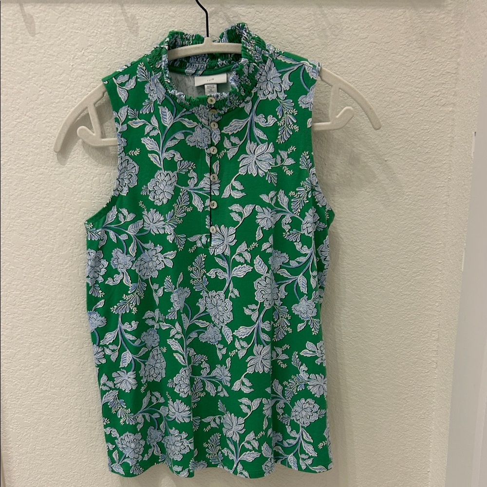 J. Jill Green Floral Sleeveless Ruffle Neck Camisole
